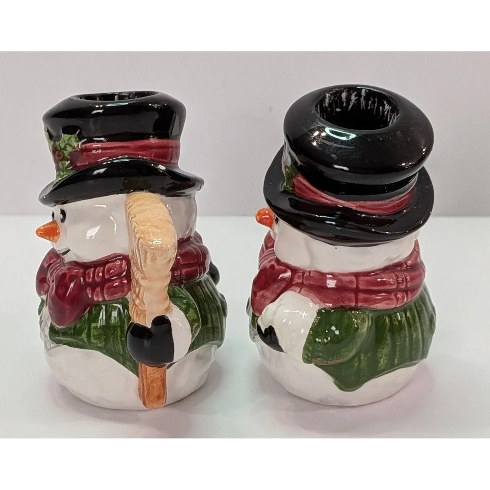 Snowman Taper Candle Holders Set of 2 White Red Green Good Ceramic